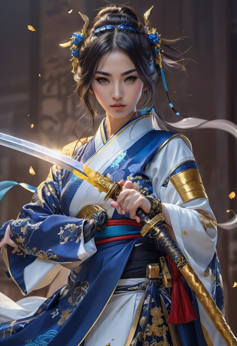 Arabian Asian woman wearing blue and gold kimono and holding a sword, She has a sword, With a sword on his shoulder, Very beautiful cyberpunk samurai, palace ， Girl in Han Dress, She has a sword, Pulling out the sword, Pose with a sword, With a big sword, Anime Girl Cosplay, Traditional beauty