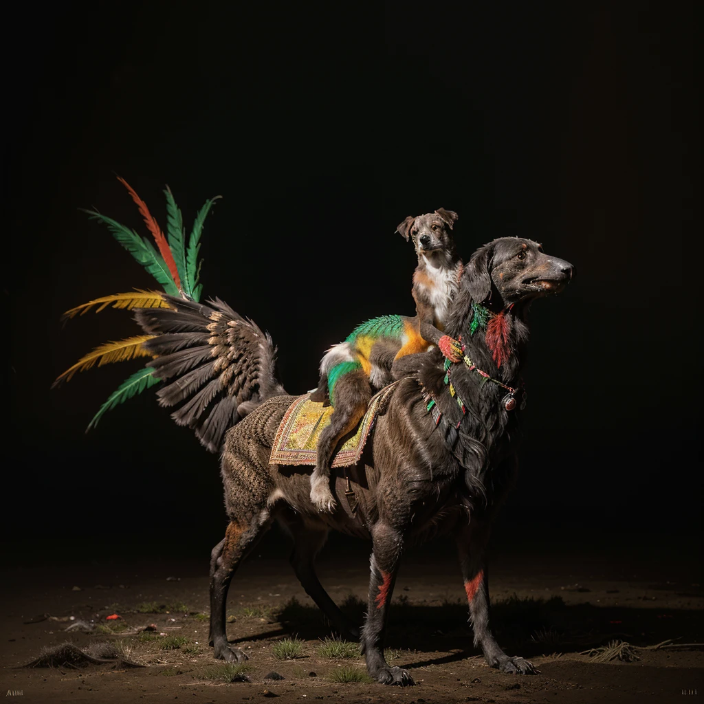 Fine Art, black-white-red-green, high contrast, National Geographic Foto: André Uhlisch - Art, , digital painting of a colorful old bird with glowing legs, in a glittering dress and delicately arranged furry arms and dusty legs,riding on the head of a dog . recorded in the style of post-apocalyptic Fu