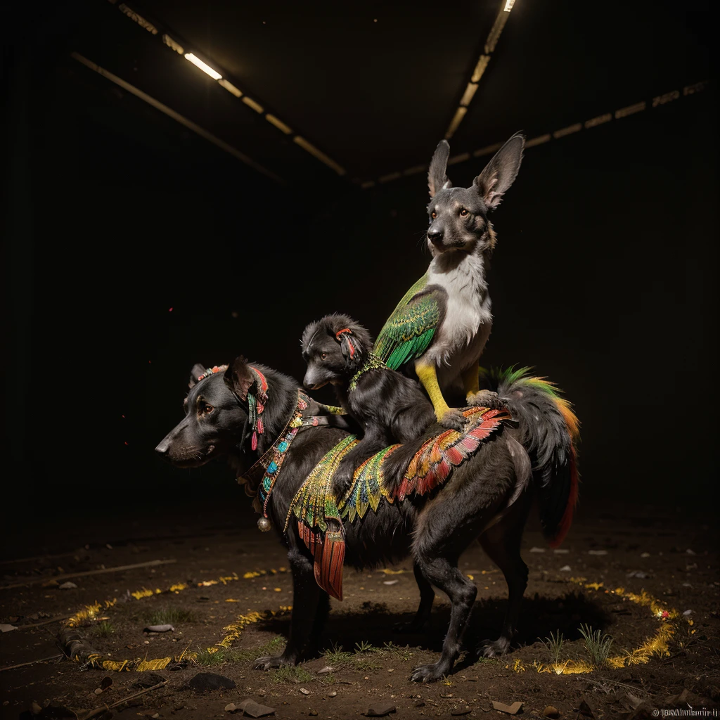 Fine Art, black-white-red-green, high contrast, National Geographic Foto: André Uhlisch - Art, , digital painting of a colorful old bird with glowing legs, in a glittering dress and delicately arranged furry arms and dusty legs,riding on the head of a dog . recorded in the style of post-apocalyptic Fu