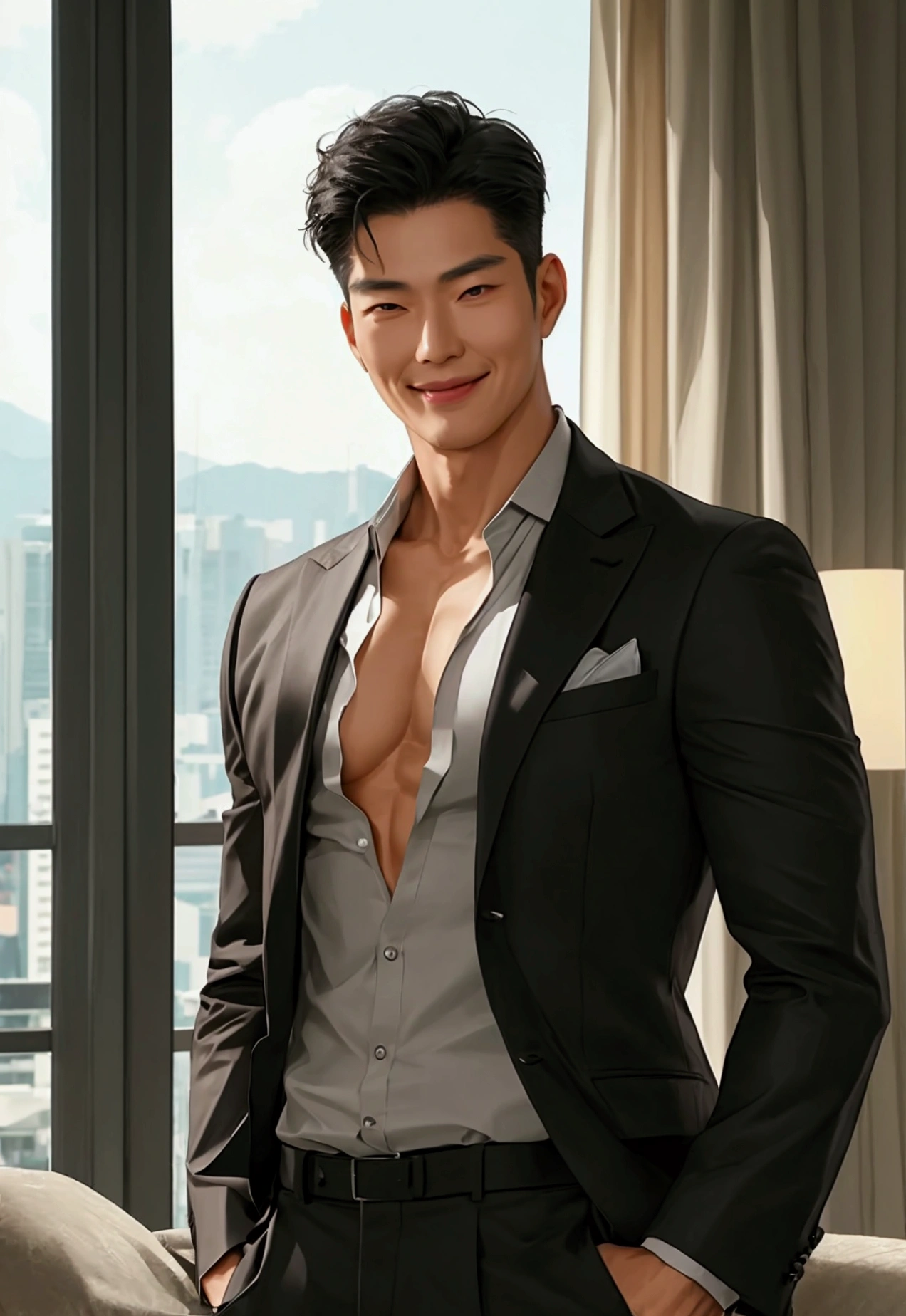 A distinguished, muscular and toned, middle-aged, Korean man with a warm smile, standing in a modern, elegantly furnished apartment in Seoul, South Korea. He has short, neatly styled black hair, and wears a tailored suit with an open-collar shirt, exuding both professionalism and approachability.