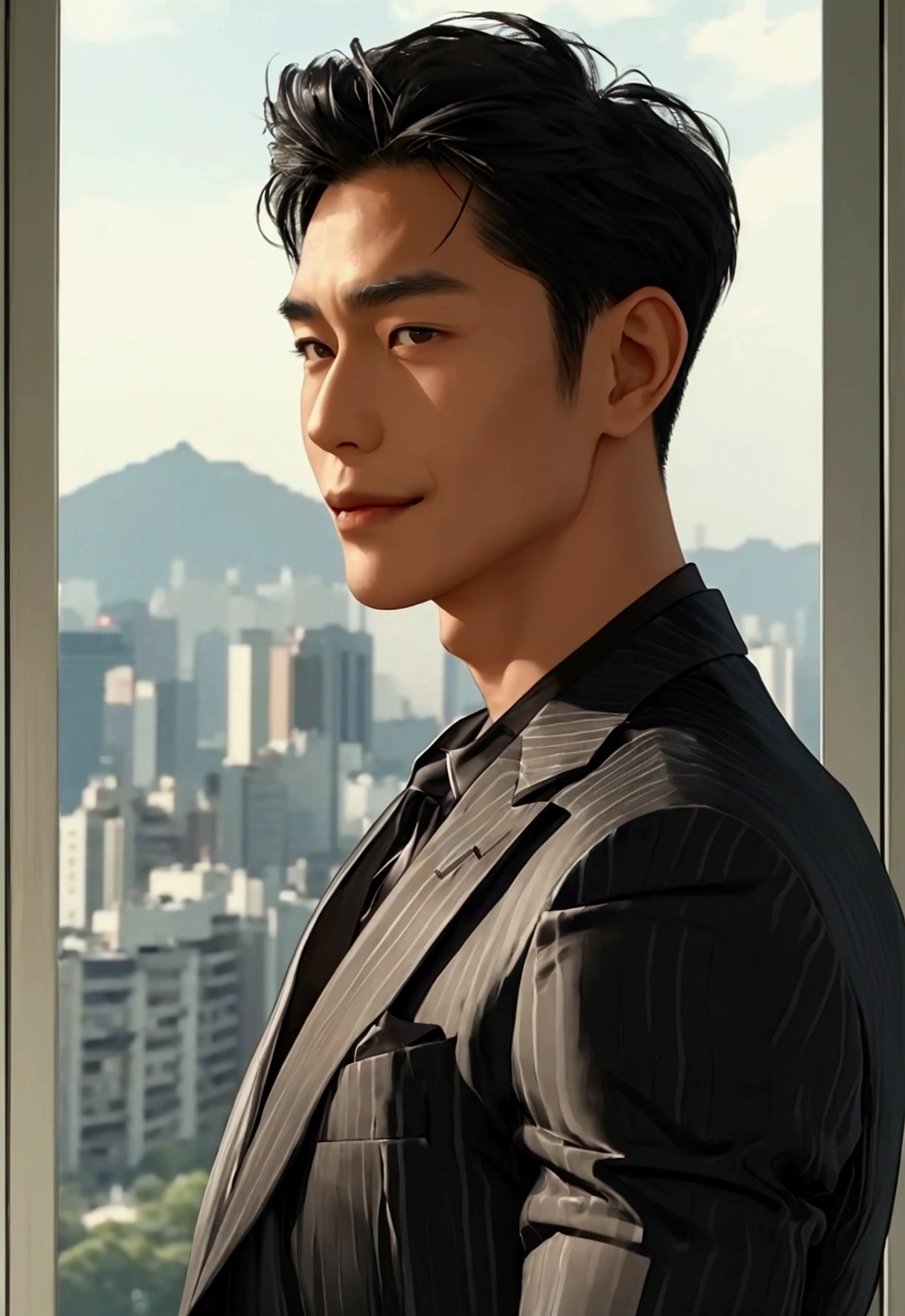 A distinguished, muscular and toned, middle-aged, Korean man with a warm smile, standing in a modern, elegantly furnished apartment in Seoul, South Korea. He has short, neatly styled black hair, and wears a tailored suit with an open-collar shirt, exuding both professionalism and approachability. 