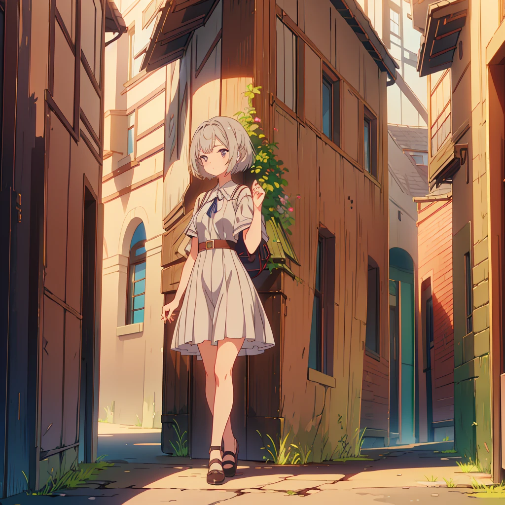 1girl, (anime coloring:1.2), anime scene, short hair, silver hair, Maxi one-piece dress, Light brown color, Simple shoes, standing, Medieval town, full body