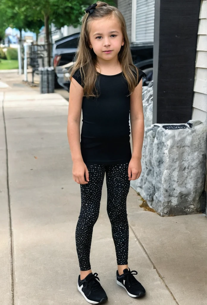 9 year old girl with black top and tight leggings 