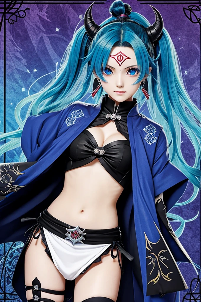 make me a kimetsu no yaiba style demon card from a blue hair woman