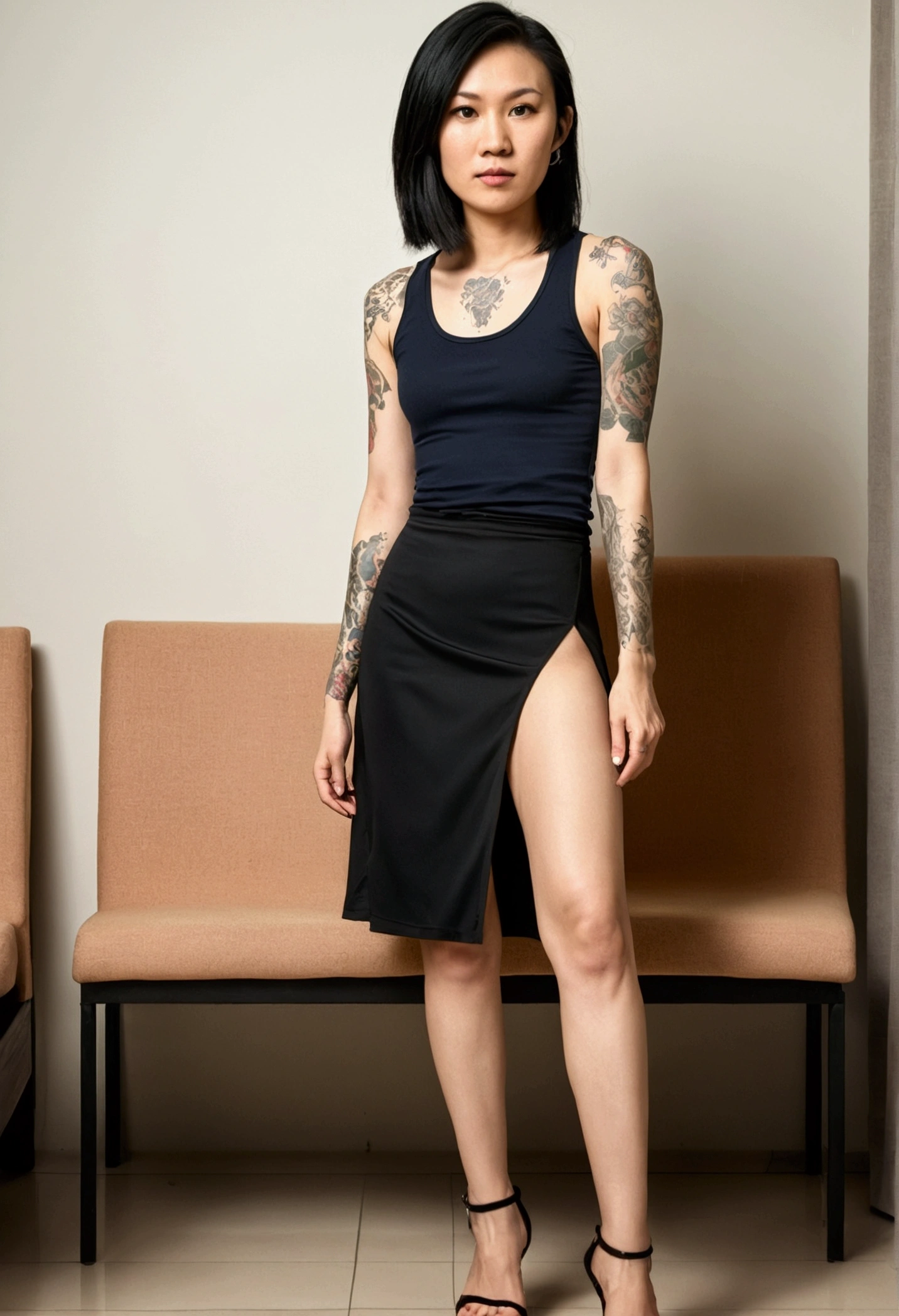 Asian woman affected by scabies virus. very thin and white skin. wearing a singlet and side slit mini skirt. tattooed heels