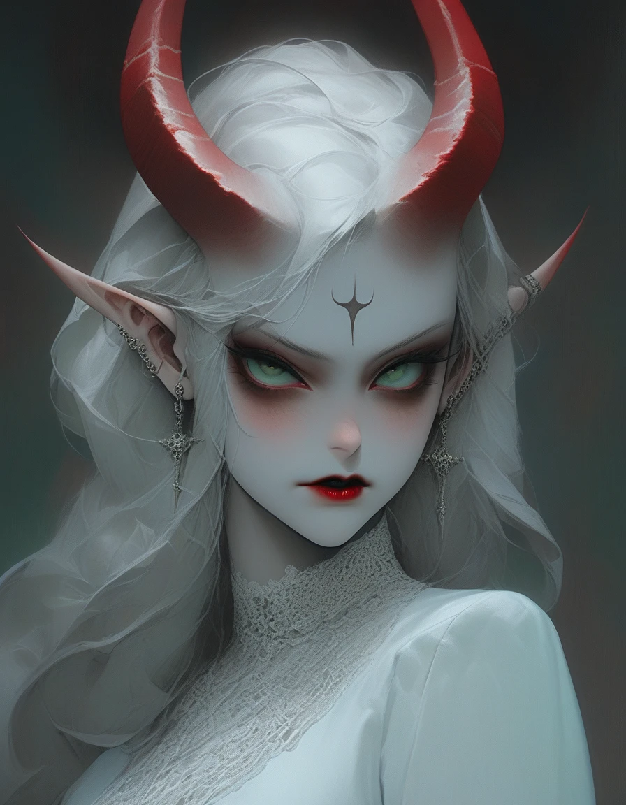portraite, close up, Bron above,  Skinhead, Demon girl, very angry, ((completely smokey eyes)), (Skinned:1.2 ) , (emerald eyes), (white blouse), (long, intricate horns:1.3), red liquid lips,  (best qualityer), highest quallity, extremely detaild,  8k, wall-paper, Detailed and Intricicated,