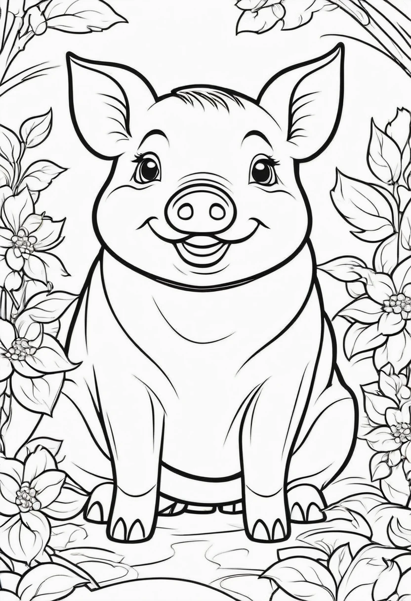 coloring page for kids, Pig with piglets, cartoon style, thick lines