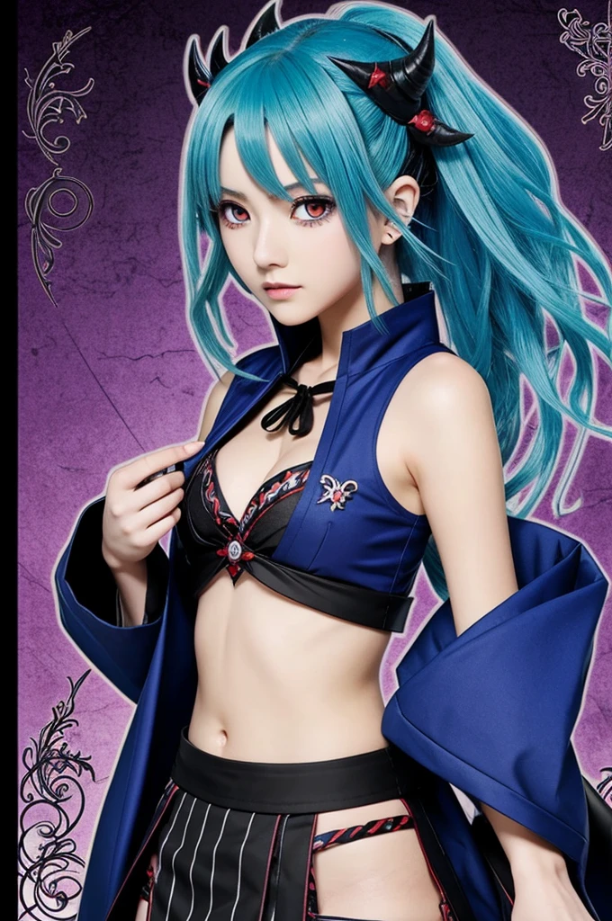 make me a kimetsu no yaiba style demon card from a blue hair woman