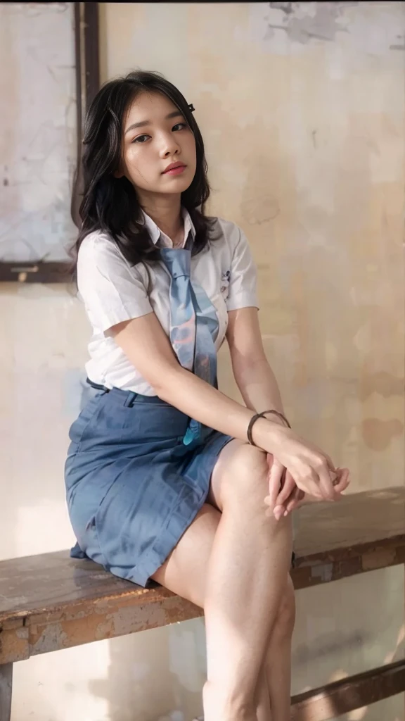 Photorealistic, (half body:1.3, exposed face), low angle, (seen from below:1.1), in frame, a japanese young woman, ((white button shirt:1.2, with grey blue necktie:1.2, exposed her cleavage), uniform of indonesian high school likeness:1.3), a hyperrealistic beautiful young woman with grayish blue eyes,extreme detailed face, flowing hair, (black hair:1.4), natural sagging breast, high detailed official artwork, beautiful girls with plumpy body and busty posture, fatty belly, long legs, attractive mature woman, (atractive poses:1.3, open-legged), sitting on the (desk:1.2), in the classroom, surrounded by student, skyview background, dubnitskiy david fanart, realistic portrait, smooth photorealistic, perfect visual of a cute girls, cute girls with round soft face, face focus, makoto shinkai and artgerm, photon mapping, natural light, warm color tones, vivid colors, cool ambient, foggy atmosphere