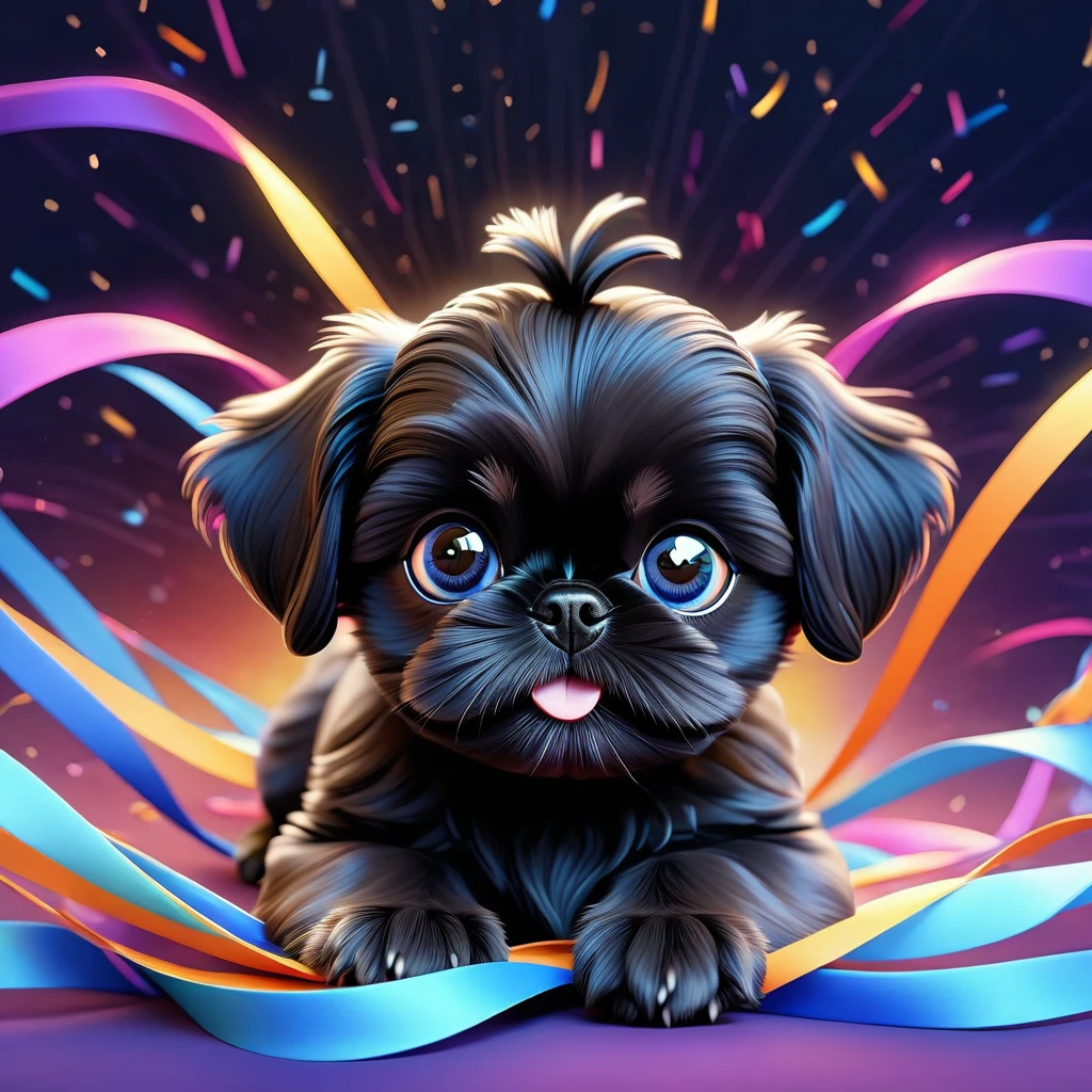 a black shih tzu puppy with beautiful blue eyes, curling up in the air, glowing cloud background surrounded by colorful ribbons and star-shaped particles, falling through the air, lying on back with arms and legs spread wide, close-up happy expression towards viewer, pop art style, ultra-detailed, 8k, highres, masterpiece, ultra-fine painting, physically-based rendering, extreme detail description, vivid colors, dynamic motion blur, dynamic action scenes, 3D Pixar style