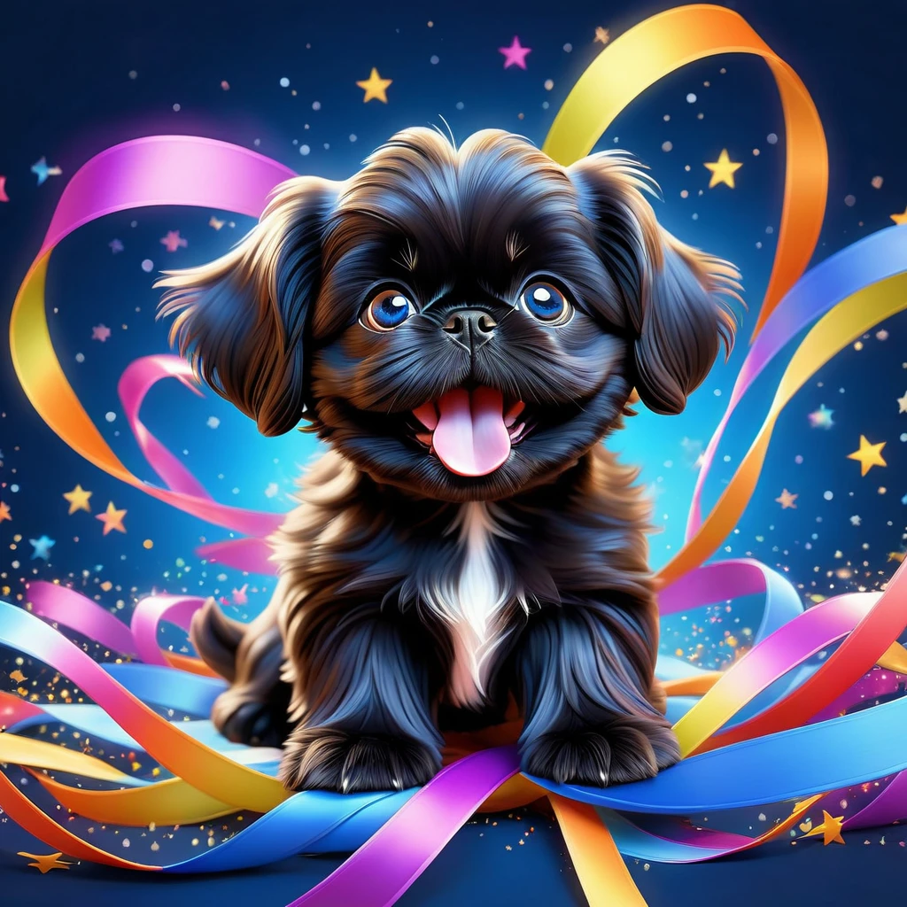 a black shih tzu puppy with beautiful blue eyes, curling up in the air, glowing cloud background surrounded by colorful ribbons and star-shaped particles, falling through the air, lying on back with arms and legs spread wide, close-up happy expression towards viewer, pop art style, ultra-detailed, 8k, highres, masterpiece, ultra-fine painting, physically-based rendering, extreme detail description, vivid colors, dynamic motion blur, dynamic action scenes, 3D Pixar style