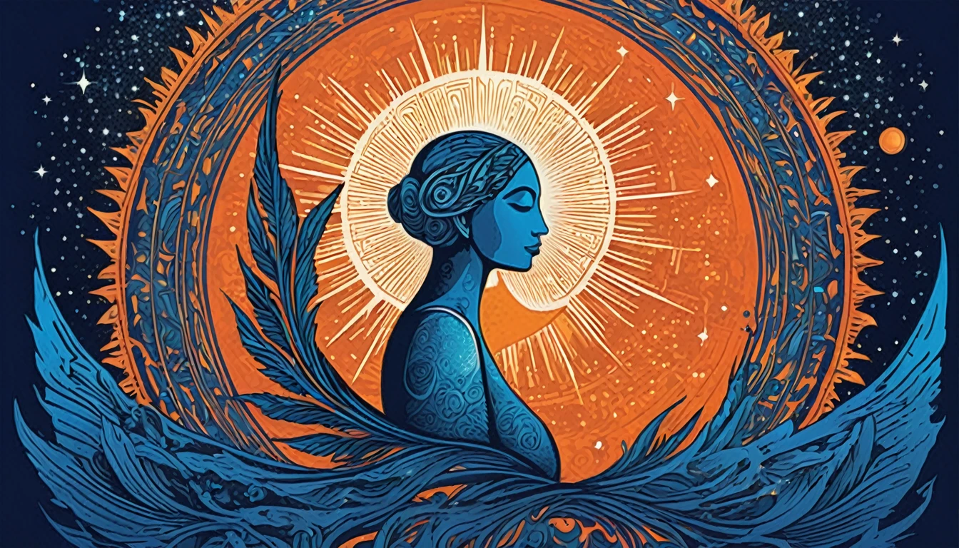 Create a woodcut style image digital art surreal art that depicts a mystical figure with divine characteristics, a, symbolizing control and harmony with the universe. Use a vibrant color palette, including blue, oranges and whites, to create heavenly contrast and a stunning visual effect