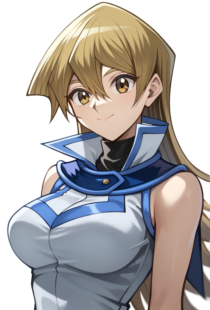 score_9,score_8_up,score_7_up,1girl, arm_behind_back, blonde_hair, brown_eyes, closed_mouth, cropped_torso, duel_academy_uniform_\(yu-gi-oh!_gx\), hair_between_eyes, highres, medium_breasts, simple_background, sketch, sleeveless_jacket, solo, straight_hair, tenjouin_asuka, turtleneck, very_long_hair, white_background, white_jacket, huge , big breast, sexy, smile