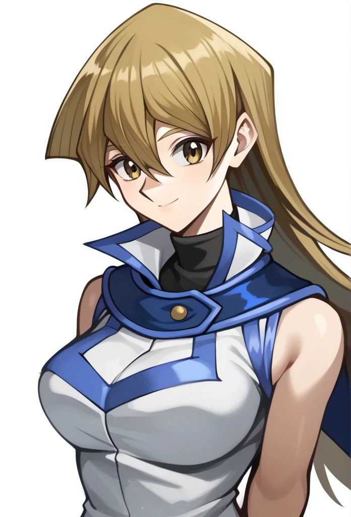 score_9,score_8_up,score_7_up,1girl, arm_behind_back, blonde_hair, brown_eyes, closed_mouth, cropped_torso, duel_academy_uniform_\(yu-gi-oh!_gx\), hair_between_eyes, highres, medium_breasts, simple_background, sketch, sleeveless_jacket, solo, straight_hair, tenjouin_asuka, turtleneck, very_long_hair, white_background, white_jacket, huge , big breast, sexy, smile