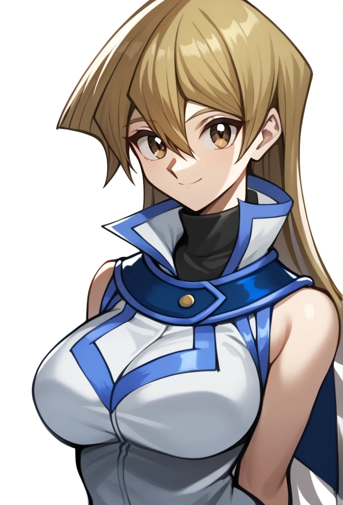 score_9,score_8_up,score_7_up,1girl, arm_behind_back, blonde_hair, brown_eyes, closed_mouth, cropped_torso, duel_academy_uniform_\(yu-gi-oh!_gx\), hair_between_eyes, highres, medium_breasts, simple_background, sketch, sleeveless_jacket, solo, straight_hair, tenjouin_asuka, turtleneck, very_long_hair, white_background, white_jacket, huge , big breast, sexy, smile