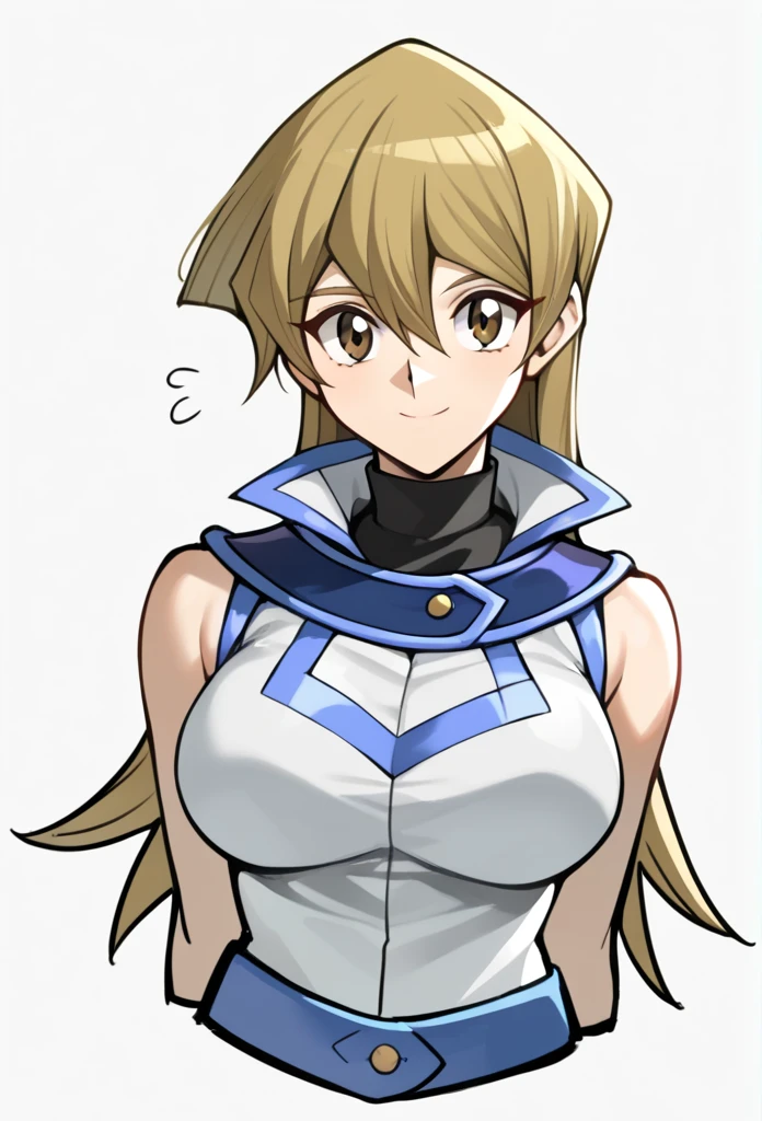 score_9,score_8_up,score_7_up,1girl, arm_behind_back, blonde_hair, brown_eyes, closed_mouth, cropped_torso, duel_academy_uniform_\(yu-gi-oh!_gx\), hair_between_eyes, highres, medium_breasts, simple_background, sketch, sleeveless_jacket, solo, straight_hair, tenjouin_asuka, turtleneck, very_long_hair, white_background, white_jacket, huge , big breast, sexy, smile