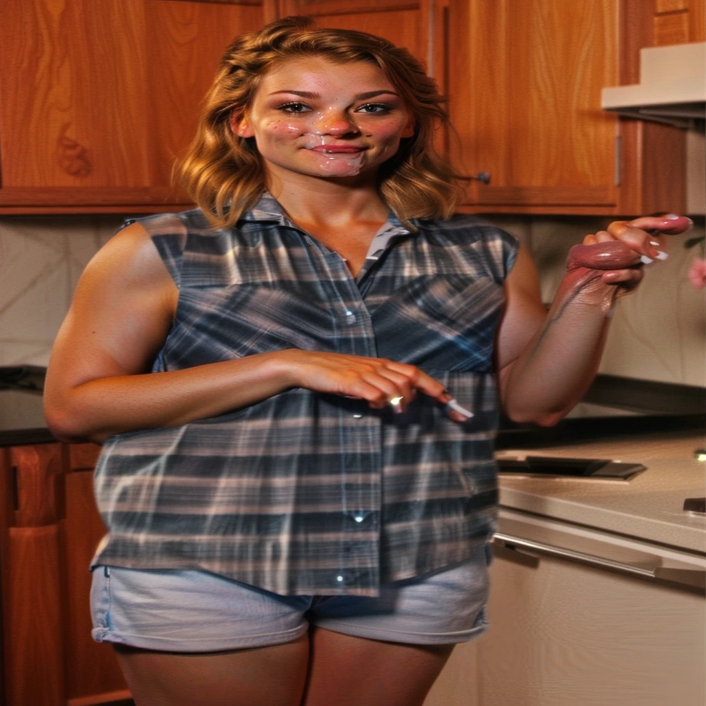 masterpiece, best quality, (extremely detailed CG unity 8k wallpaper), (best quality), (best illustration), (best shadow), absurdres, realistic lighting, (Abyss), beautiful detailed glow, art by PeterMohrBacher, she has cum all over her face and is pointing at a hard penis, she is not wearing a shirt, she has small perky breasts, cum runs down her leg