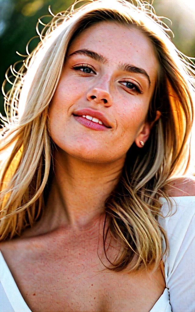 With a smile on her delicate face, a young, attractive woman with flowing blond hair. Her full eyes radiate curiosity, as if ready to immerse themselves in every moment of life. Looking at her, you'll notice those lips that invite you to kiss. They form a gentle arch, painted on the canvas of her face. They seem pleasantly warm, as if always ready for a tender embrace or an emotionally charged kiss. Observing her, you see how she plays with the light. The warmth of the setting sun emphasizes the subtle features of her face, making her even more dazzling. She is like a painting that captures attention, and her presence makes you want to freeze time to savor the moment, shimmering with the fullness of life.ultra high res.photo realistic: 1.4, UDH,