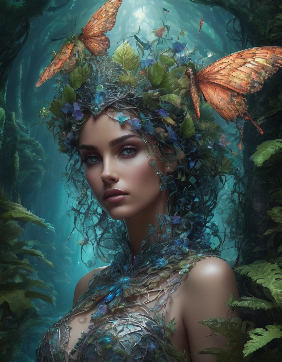 extremely detailed CG unity 8k wallpaper:1. 1), Cinematic high quality photo, (different photorealistic portrait masterpiece of a mysterious hybrid creature, a fusion of floral and mechanical) elements, wandering through an enchanted forest of bioluminescent trees and glowing plants. This unique being, with a body covered in lush foliage and intricate gears, has radiant eyes that emit a soft, (gloomy and mesmerizing light). It explores the surreal landscape, a realm where nature and technology coexist harmoniously. Delicate flowers intertwined with polished metal vines form a fascinating, intricate pattern on the creature's skin. High detail, (by Jean Ansell, Josephine Wall, H. R. Giger, and Daniel Lieske),geometric shapes,architectural details,8k photography,close-up textures