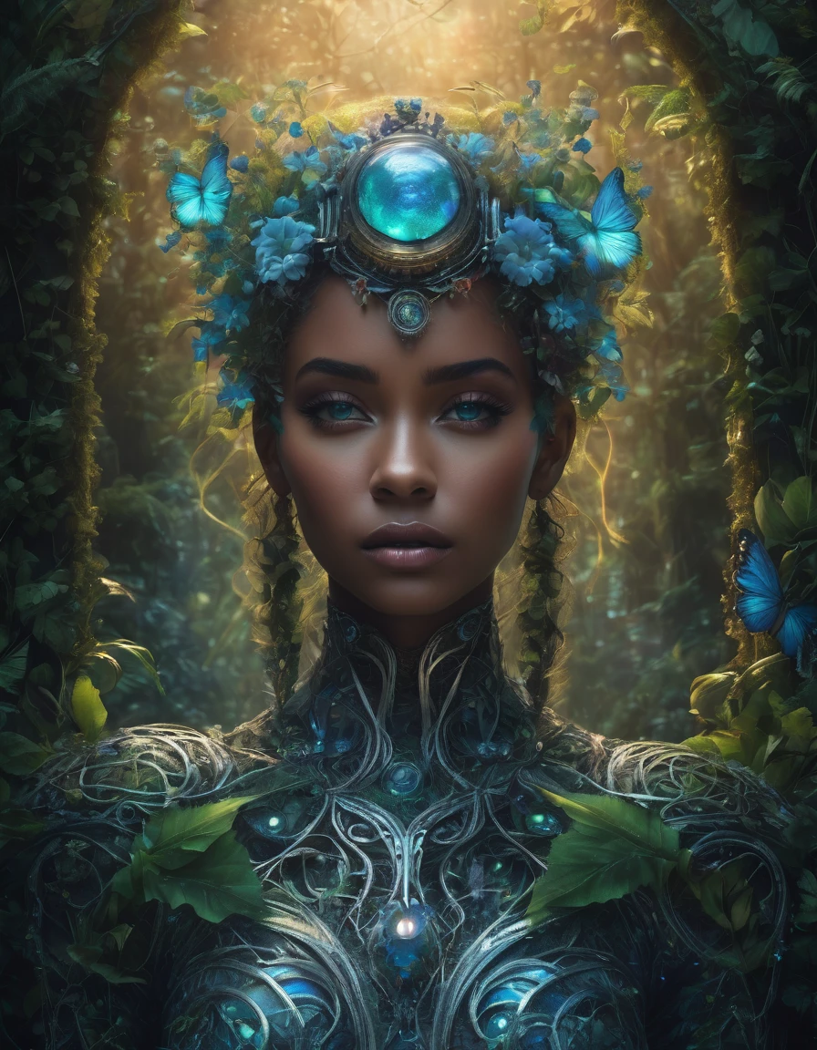 extremely detailed CG unity 8k wallpaper:1. 1), Cinematic high quality photo, (different photorealistic portrait masterpiece of a mysterious hybrid creature, a fusion of floral and mechanical) elements, wandering through an enchanted forest of bioluminescent trees and glowing plants. This unique being, with a body covered in lush foliage and intricate gears, has radiant eyes that emit a soft, (gloomy and mesmerizing light). It explores the surreal landscape, a realm where nature and technology coexist harmoniously. Delicate flowers intertwined with polished metal vines form a fascinating, intricate pattern on the creature's skin. High detail, (by Jean Ansell, Josephine Wall, H. R. Giger, and Daniel Lieske),geometric shapes,architectural details,8k photography,close-up textures