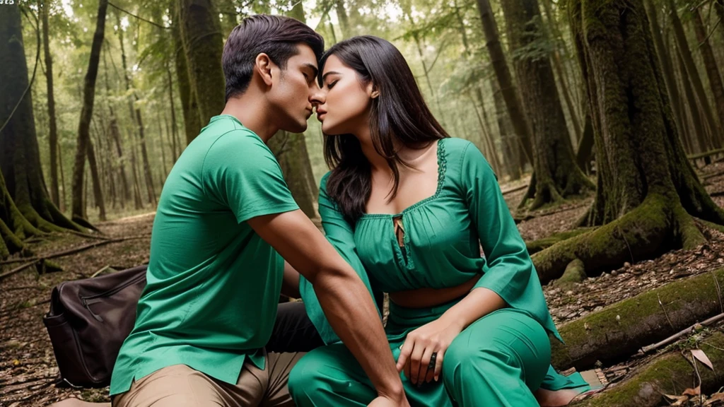 /generate a pic of a young woman wearing lahanga blouse and sitting with his boyfriend in green forest and doing romance her boyfriend touching her pussy and  and kisses