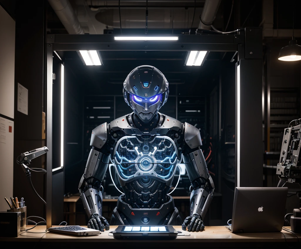 The image depicts a stunning and transparent robot standing next to a computer. The entire body and head of the robot are made of molded plastic, wires and a few iron components, giving it a mechanical and futuristic look. The robot's body consists of a clear head, abdomen, arms and legs, all carefully designed to display the complex inner workings of the machine. As the focal point of the image, the robot is shown with concentrated concentration drawing a beautiful image on the computer screen in front of it. The screen has become the robot's canvas, and he uses a fine brush to create his masterpiece. The robot's movements are fluid and precise, and the expression on its face indicates a sense of deep concentration and artistic passion. Despite its robotic nature, the machine's transparent design allows the viewer to see the complex network of wires, circuits and mechanical parts that make up its inner workings. This creates a mesmerizing optical effect, blurring the line between machine and art. Next to the robot sits a well-dressed Orthodox Jewish man with a short and impressive beard in a fancy office chair. He watches the robot's work with a look of pleasure and satisfaction, his hand rests on a half-full cup of coffee on the computer desk. The table is also adorned with two used coffee cups, hinting at the long hours the man and the robot spent collaborating on this artistic endeavor. The overall scene takes place within a luxurious office environment, with rich and ornate furniture and a sense of sophistication and refinement.