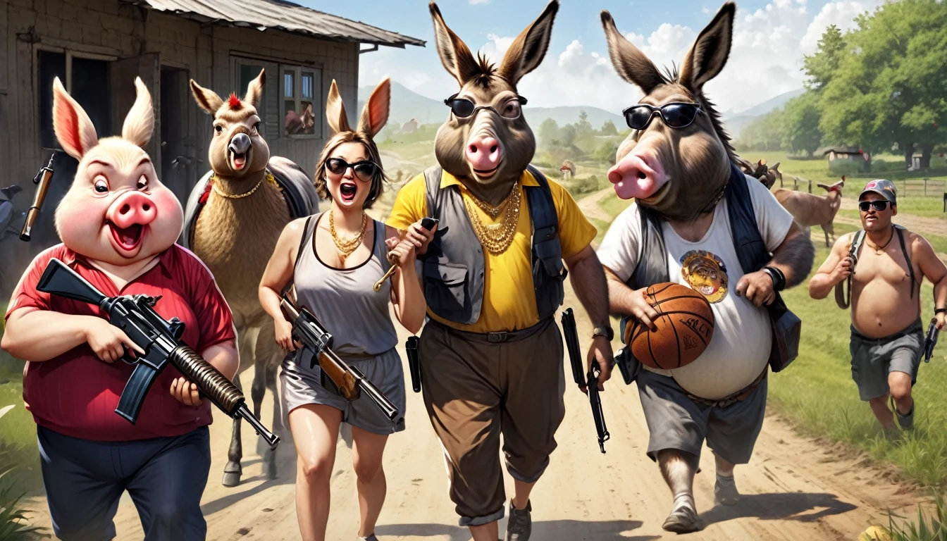 An angry hen with a pistol in its hand is coming towards the camera. Beside it, on the right, is a fat pig with gold necklaces, sunglasses, a cigarette, and a shotgun. On the left, a laughing donkey in a basketball suit holds an AK-47. They are on a farm, surrounded
