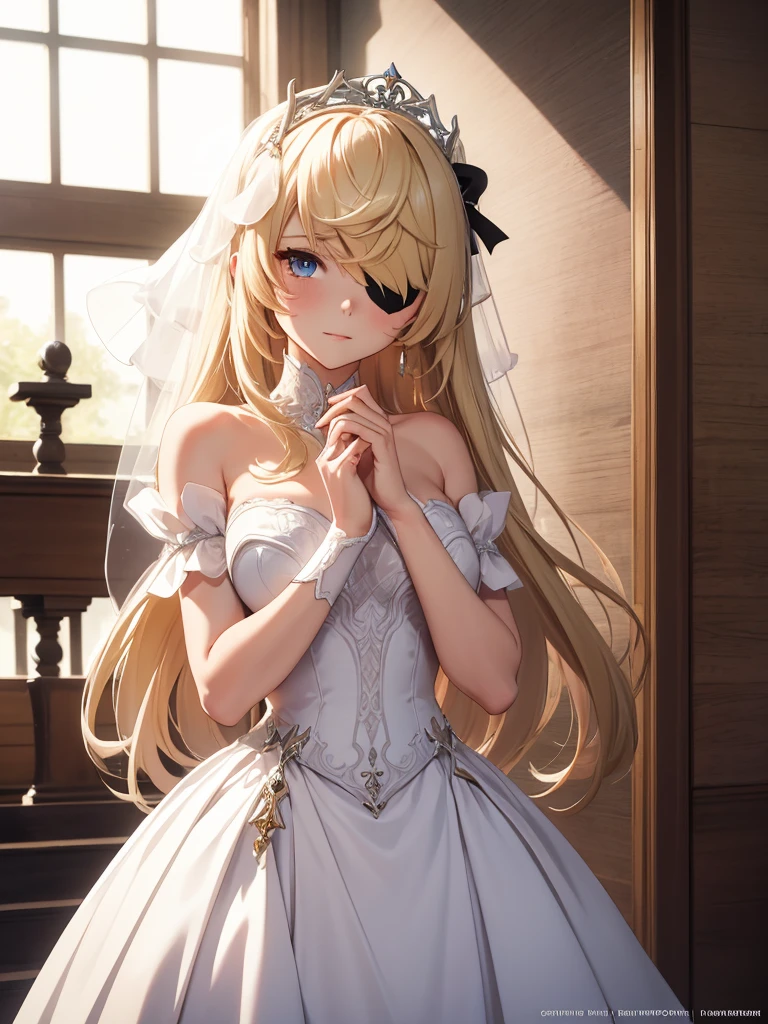 Fischl from Genshin impact game, 1girl, wearing a wedding dress, as a bride, white colour wedding frock, at a wedding ceremony , blonde hair, one eye patch, 8k, high detailed, high quality, full body