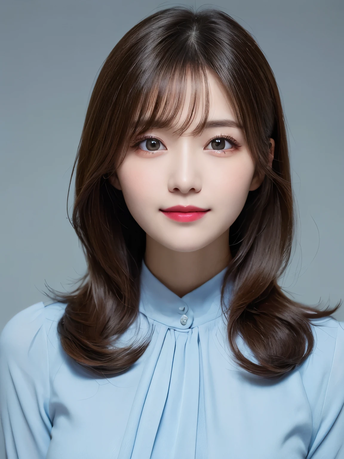 bust up photo, Shows everything from the top of the head to the bust, looks happy, highest quality, shape, Super detailed, finely, High resolution, 8k wallpaper, Perfect dynamic shape, beautiful and detailed eyes, D cup, natural color lip,smile、20 year old girl, Beautiful and dense face、perfect and beautiful face,Big eyes、real photos（best image quality）, blouse (light blue)、looking at camera、Please stand、Do gal makeup, white background