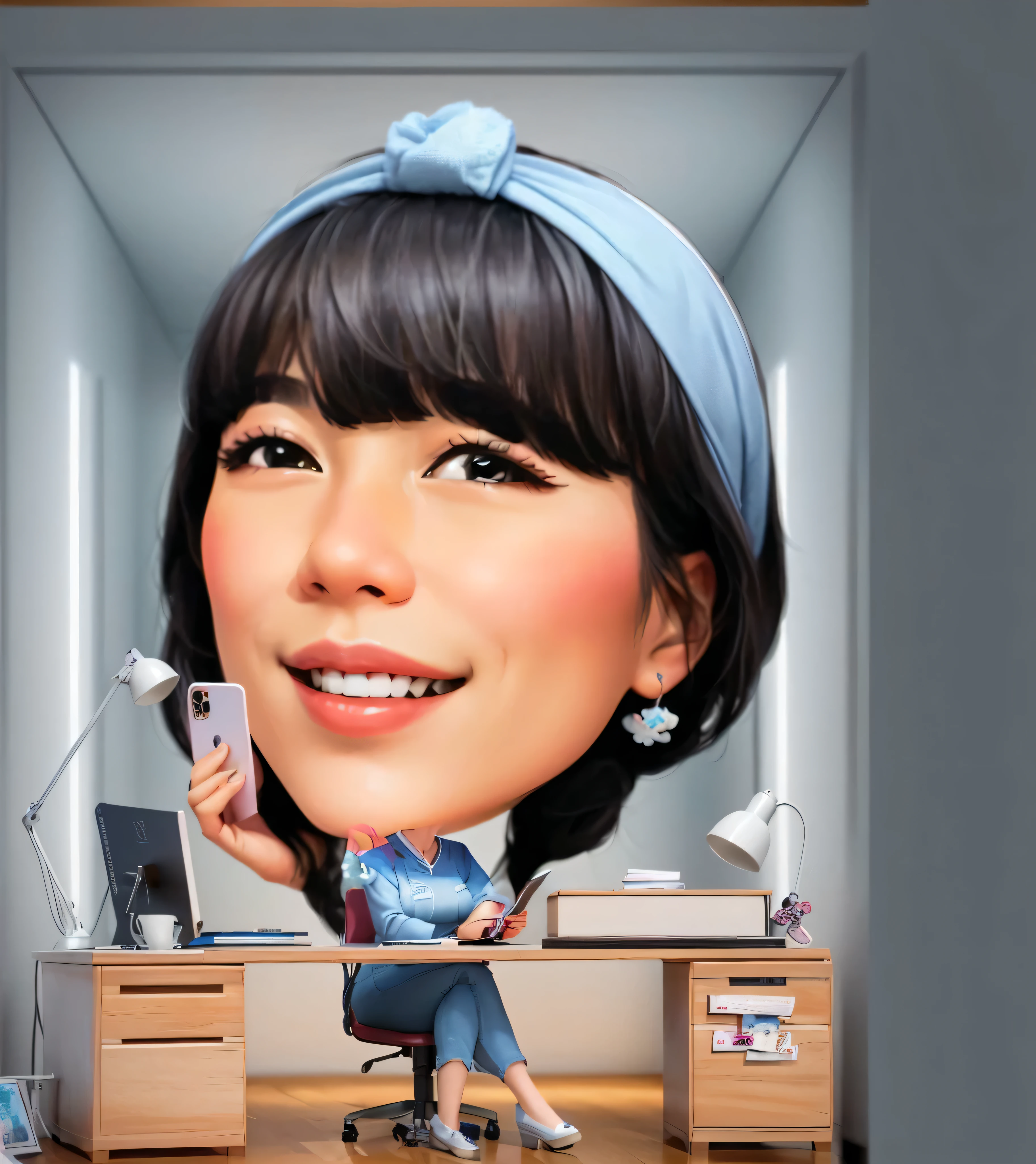 cartoon woman sitting at a desk with a cell phone in her hand, inspired by Nara Yoshitomo, caricature illustration, 3d portrait, cartoon portrait, kawaii realistic portrait, caricature style, inspired by Kim Jeong-hui, digital art cartoon, nft portrait, digital cartoon painting art, charicature, inspired by Cheng Jiasui, digital illustration portrait