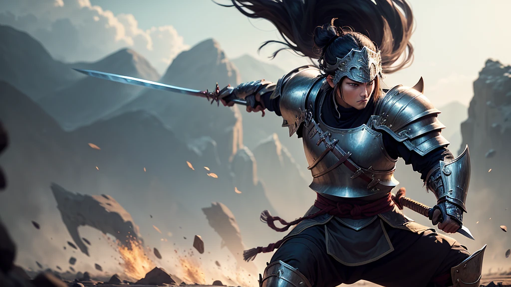 : "A warrior from the Dragon Clan charges forward, sword raised, preparing to strike. His armor glints in the sunlight as he sprints across the battlefield, focusing on his target."