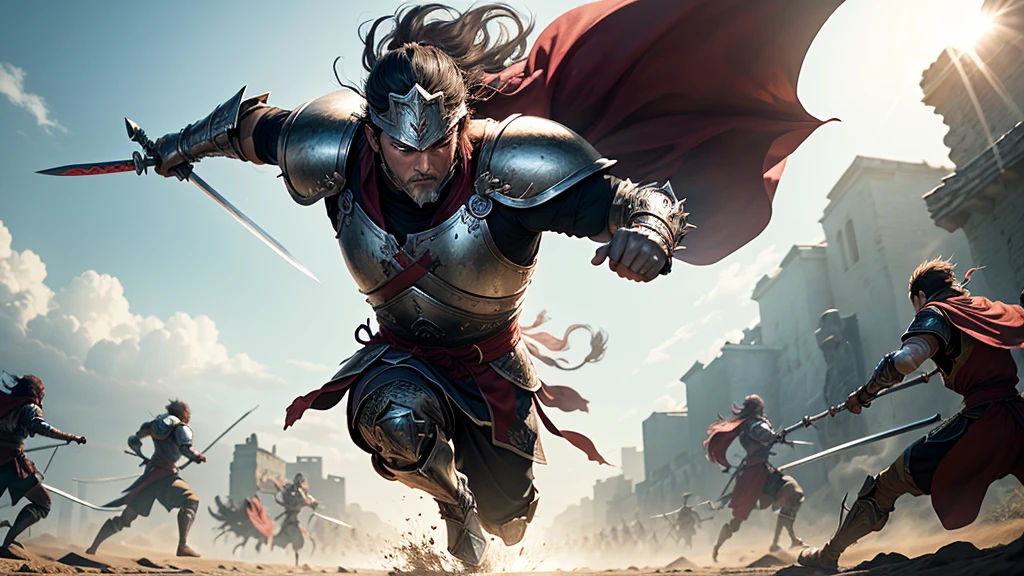 : "A warrior from the Dragon Clan charges forward, sword raised, preparing to strike. His armor glints in the sunlight as he sprints across the battlefield, focusing on his target."