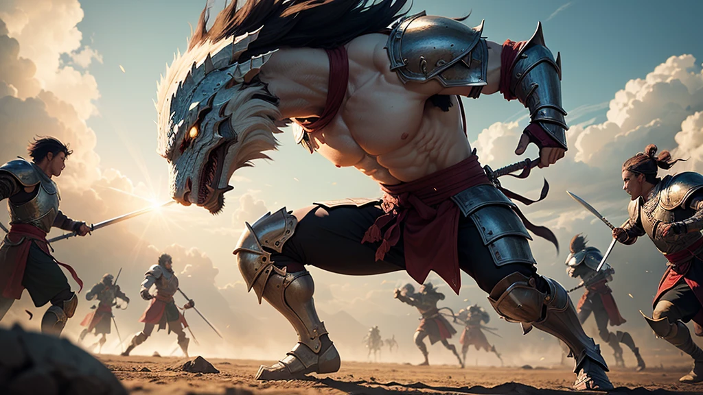 : "A warrior from the Dragon Clan charges forward, sword raised, preparing to strike. His armor glints in the sunlight as he sprints across the battlefield, focusing on his target."