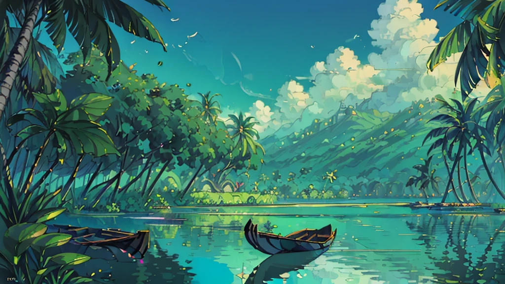 (work of art:1), (wide sight:1.7),(beautiful backwaters of Kerala:1.8), (ripples:1.3), (giorno:1.6), (lily leaves:1.65), silence, (coconut trees:1.5), (reflection:1.5), (rowboat:1.7), (shine light:1.5), magnificent sky, (Volumetric Light:1.2), peaceful, (tropical:1.4), (aesthetically pleasing:1.5),(shine light:1.3), (calm:1.3), (ambient light:1.5), (Scenario:1.4), (beautiful aesthetic:1.2), (paisaje:1.5), (naturey:1.4) Beautiful tones, subtle colors, peaceful, (illustration: 1.0), epic composition, realistic lighting, (no human:1.6), HD details, work of art, best qualityer, ,