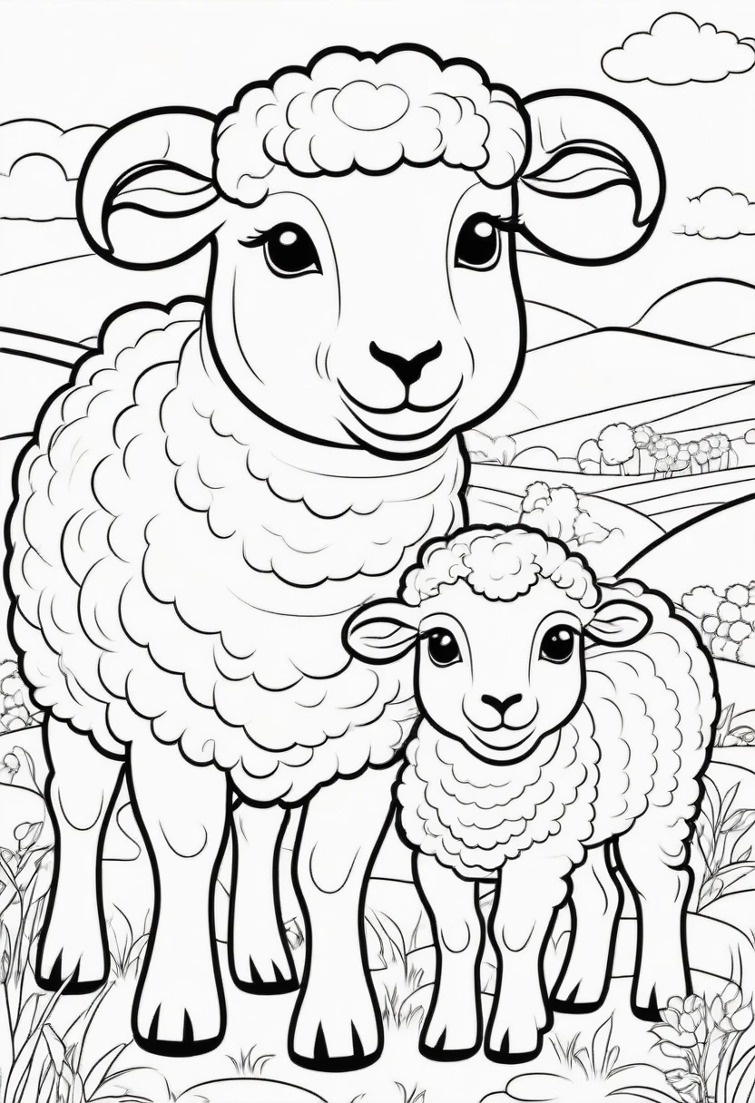 coloring page for kids, Sheep with its lamb, cartoon style, thick lines