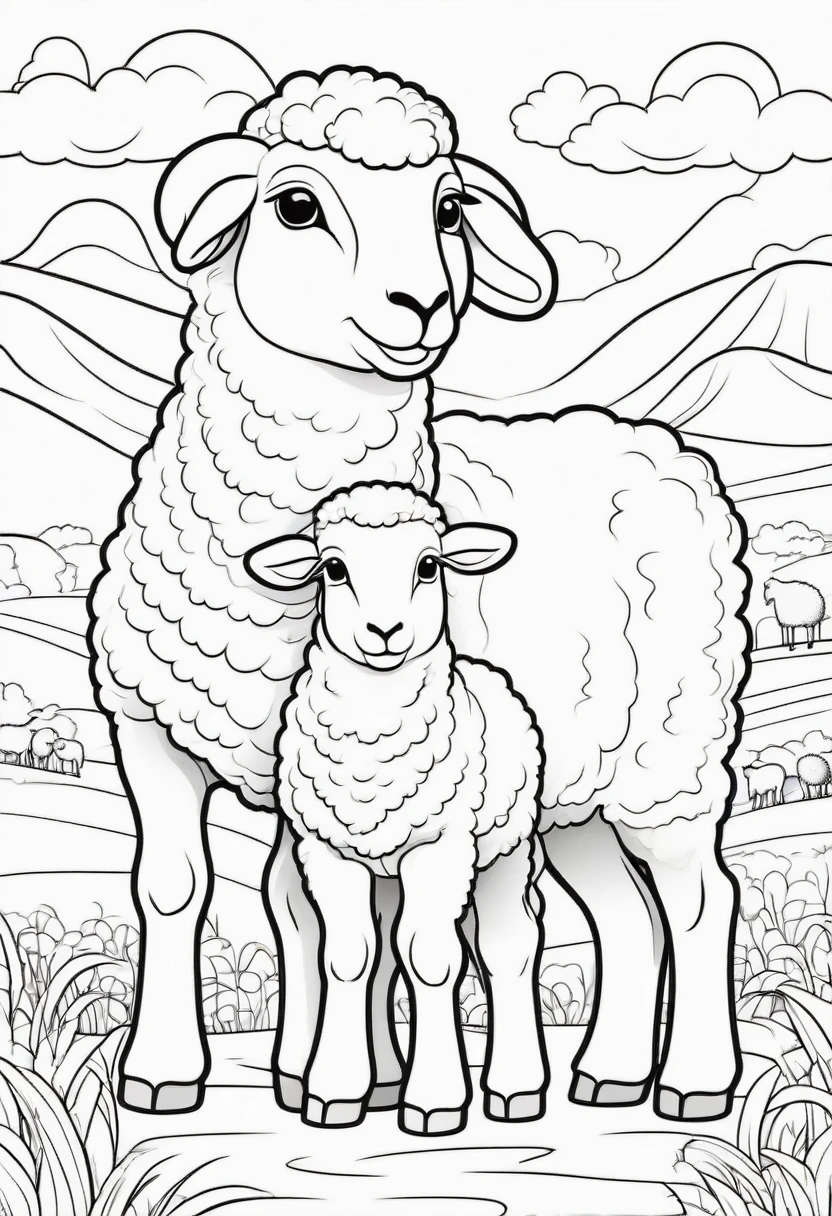 coloring page for kids, Sheep with its lamb, cartoon style, thick lines