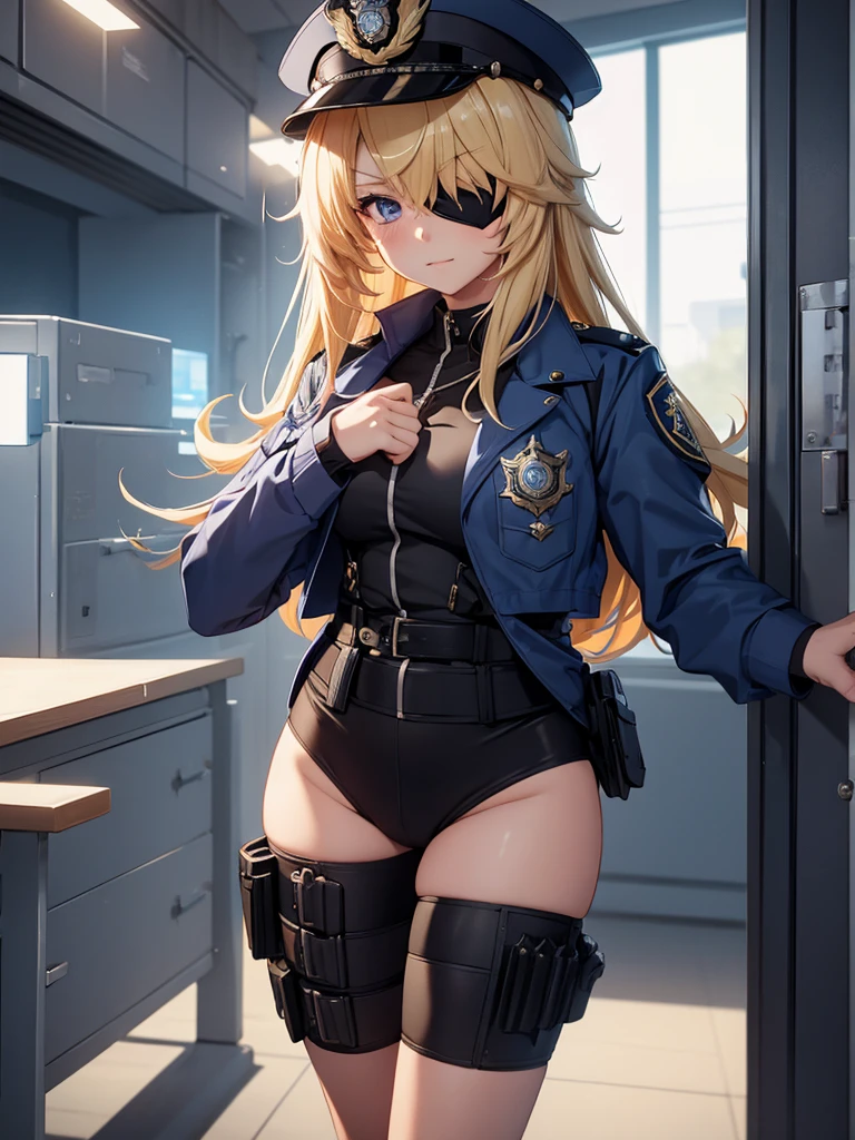 Fischl from Genshin impact game, 1girl, wearing a police uniform, at a police station , blonde hair, one eye patch, 8k, high detailed, high quality, full body