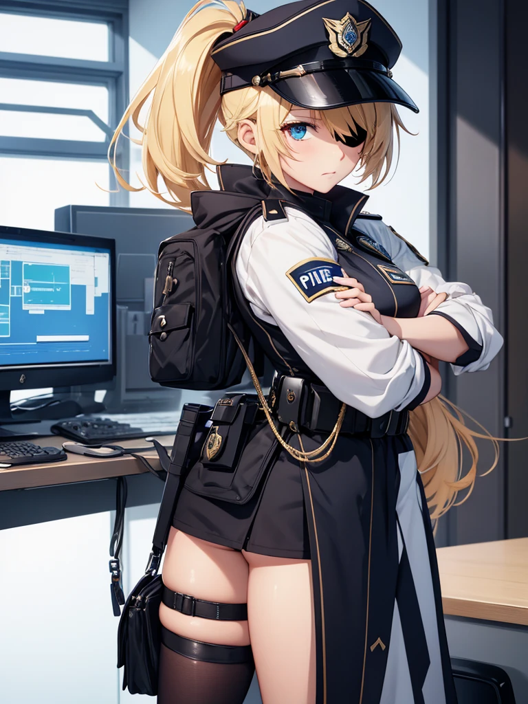 Fischl from Genshin impact game, 1girl, wearing a police uniform, at a police station , blonde hair, one eye patch, 8k, high detailed, high quality, full body