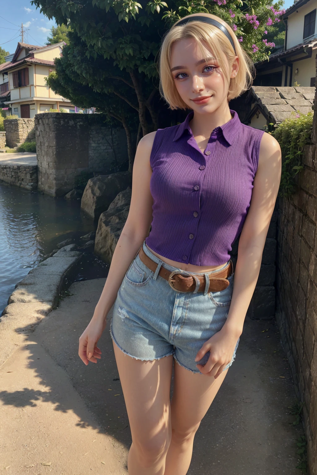 1 woman, adult woman, woman in her 30s, tarankaaa, NOT DASHA TARAN, full body standing, perfect body, best quality, 32k, photograph, full body (head to toe), tone mapping, ((houjou satoko,short hair,black hairband,blonde hair,violet eyes,hair between eyes,collared shirt,sleeveless shirt,pink shirt,shirt tucked in,mid sized breasts,belt,short shorts,blue shorts,white socks,pink footwear, athletic, big woman)), asian-european, ((golden blonde hair, short hair, purple eyes)) perfectly drawn hands, ((masterpiece)), ((highres)), ((detailed background)), japanese village background, next to a river, (big proportions), cute pose, beautiful smile, ((perfect eyes, detailed eyes, realistic eyes)), ((sharp face, detailed face, realistic face, natural skin, realistic skin, detailed skin, pores)), (real wider fatty legs, truly wider arms), (she is fat but in amazing form)