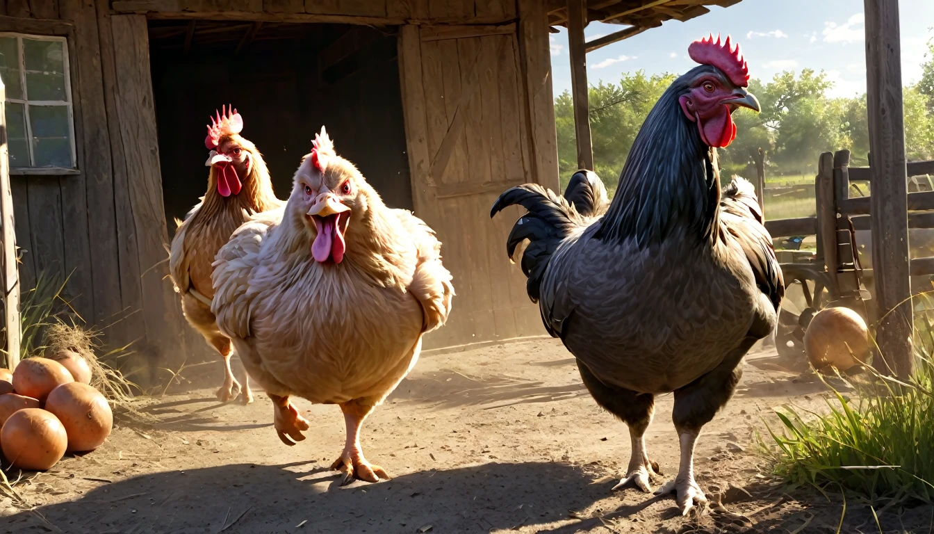 An angry hen with a pistol in its hand is coming towards the camera. Beside it, on the right, is a fat pig with gold necklaces, sunglasses, a cigarette, and a shotgun. On the left, a laughing donkey in a basketball suit holds an AK-47. They are on a farm, surrounded