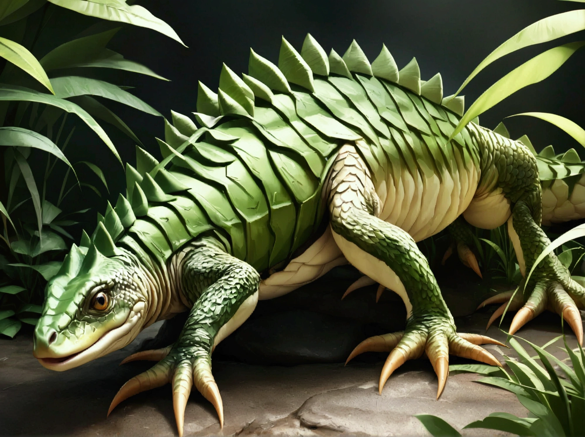 (Ultra-realistic,highest quality,4K,8k,High resolution,masterpiece:1.2),Super detailed,Realistic,photoRealistic:1.37,They mainly live in the Amazon rainforest and the South African savannah.。The body length is about 7 meters、Weight: about 500 kilograms。Its appearance is that of a giant lizard covered in scales.、It has sharp spines on its back。Its diet consists of preying on small mammals.、Sometimes they attack larger animals.。If you see one, never approach、Leave the area immediately.、It is recommended to contact a specialist agency。It contains powerful toxins、One bite can cause paralysis、It can become life-threatening in a short period of time。Also、They are nocturnal and are said to often hide in the shade of rocks or in bushes during the day.。Recent、Poachers are a problem、There are concerns about its impact on the ecosystem.。Pachycephalosaurus