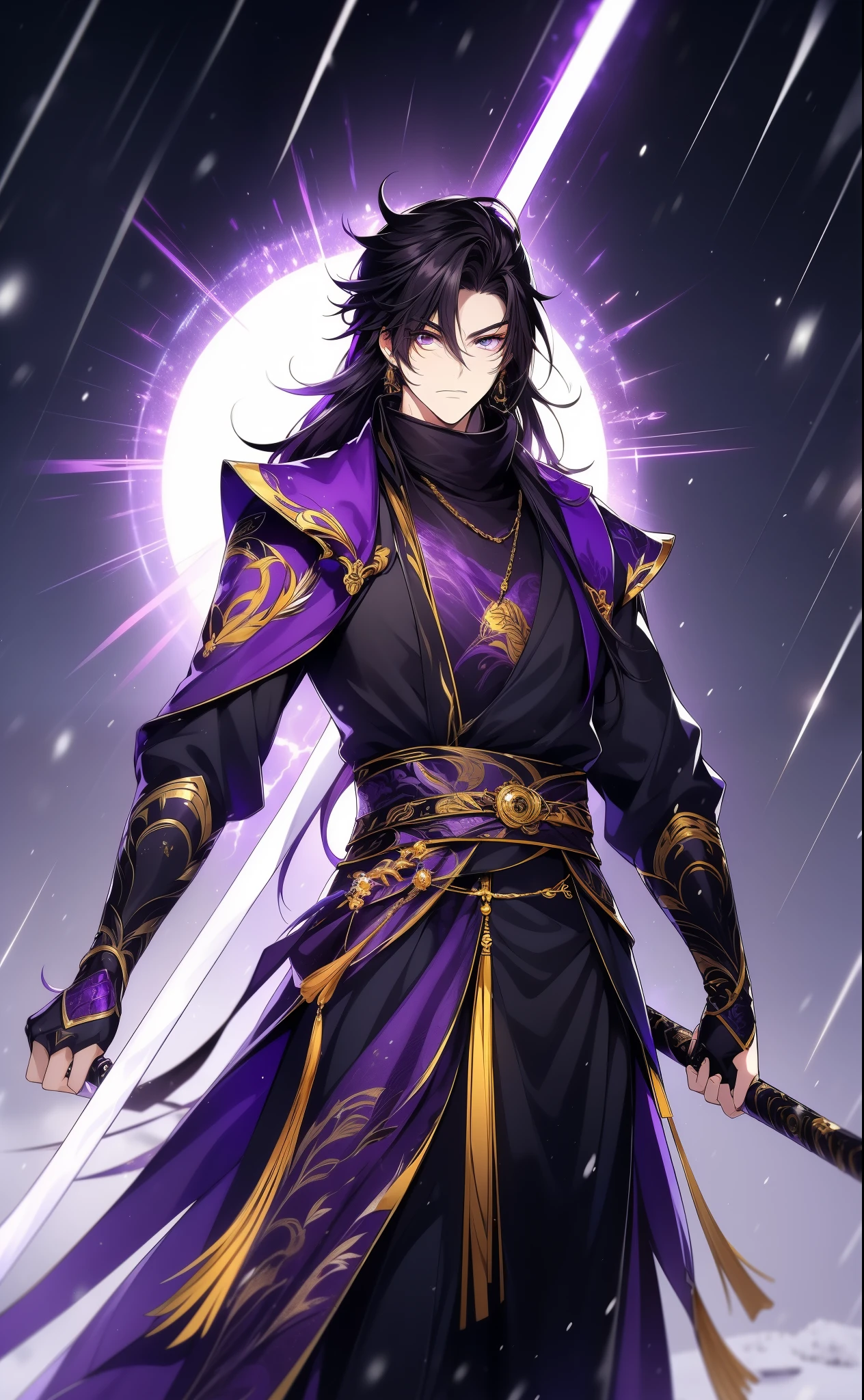 the only person, Libido boy, messy long black hair, golden eyes, purple martial arts uniform, fighting posture, purple aura, lightning effects, snowy background, snowy plain background, martial arts costumes, 1 man, intricate details, perfect generation, man, poncho, red magic vortex, perfect aura, proud,