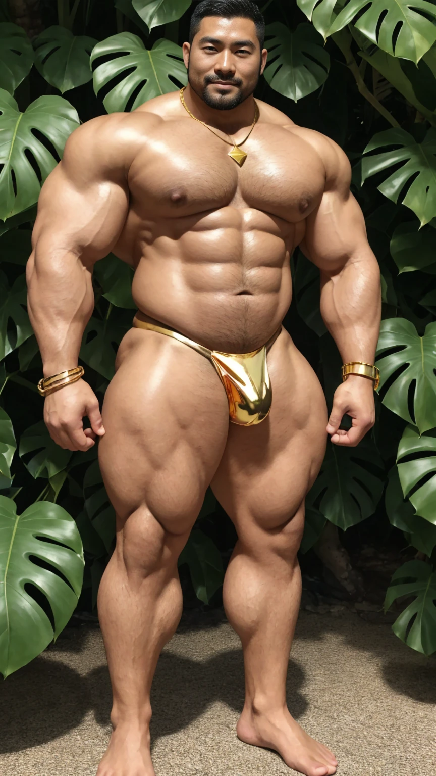 There is only one handsome Chinese man in the photo，35 years old，tall, Fitness，Smooth body，Smooth skin，No chest hair，short hair, O-Shaped Beard，Perfect body, Dark skin color，Radiant Skin，Smooth skin，Shiny, shiny skin，Smooth pectoral muscles，Muscle bulge, muscular, Very large pectoral muscles，Very sexy abdominal muscles，Very well-developed leg muscles，Huge concave and convex area，Brightens oily skin，Wearing a shiny gold leather thong，Handsome face，Normal human toes，Correct and accurate male body proportions，Gold necklace，Gold bracelet，Gold anklets，Standing in front of Monstera leaves。
