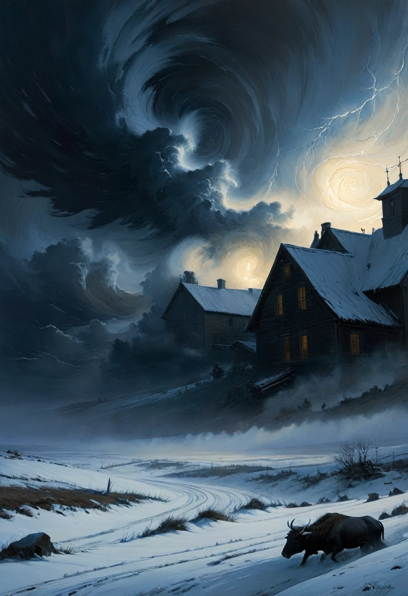 A storm with darkness covers the sky with swirling snow whirlwinds, then it howls like an ox, then it cries like a , digital painting, high quality the darkest and longest night of the year, style by Andrew Wyeth, Charlie Bowett, Albert Joseph Penaud, Dariusz Zawadzki. Tetsuya Ishida. Zdzislaw Beksinski. Patrizia Piccinini. Mark Powell. Ralph Blakelock, Ed Emshwiller, Marianne Wroten, (best quality, masterpiece 1.2) - ((best quality)), ((masterpiece)) (detail), 16k.
