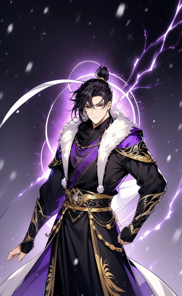 the only person, Libido boy, long black hair, golden eyes, purple martial arts uniform, fighting posture, purple aura, lightning effects, snowy background, snowy plain background, martial arts costumes, 1 man, intricate details, perfect generation, male, poncho, red magical vortex, perfect aura, proud,