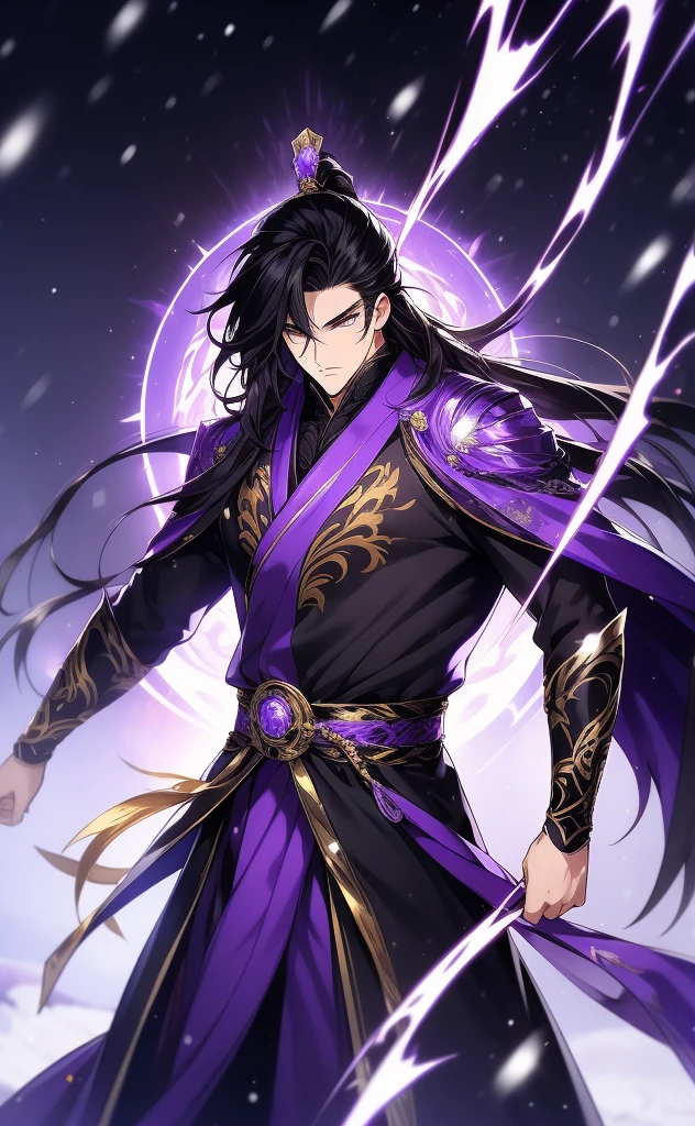 the only person, Libido boy, long black hair, golden eyes, purple martial arts uniform, fighting posture, purple aura, lightning effects, snowy background, snowy plain background, martial arts costumes, 1 man, intricate details, perfect generation, male, poncho, red magical vortex, perfect aura, proud,