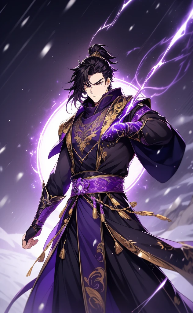 the only person, Libido boy, long black hair, golden eyes, purple martial arts uniform, fighting posture, purple aura, lightning effects, snowy background, snowy plain background, martial arts costumes, 1 man, intricate details, perfect generation, male, poncho, red magical vortex, perfect aura, proud,