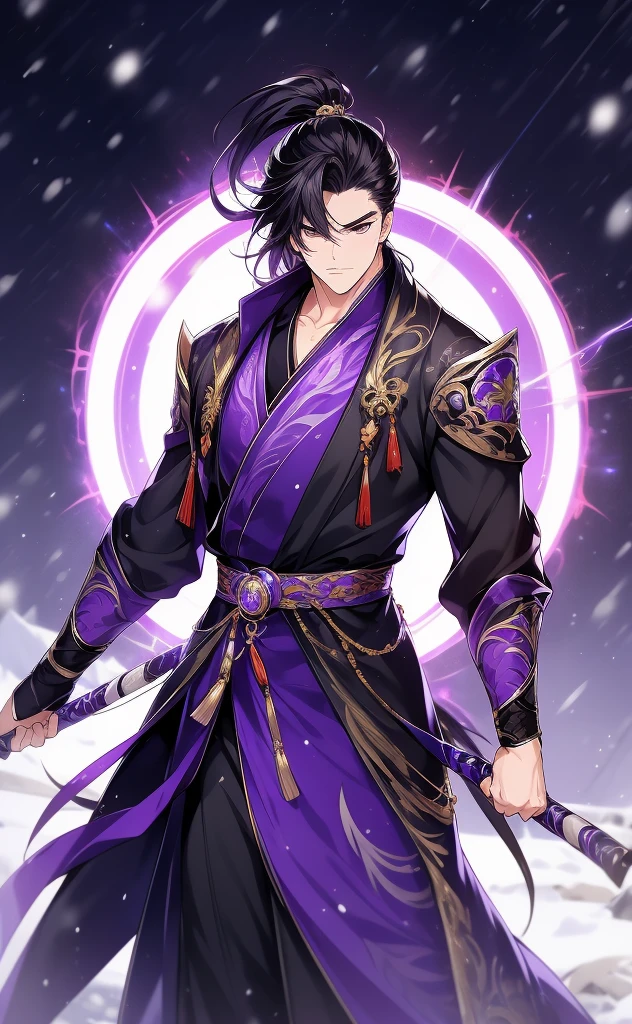 the only person, Libido boy, long black hair, golden eyes, purple martial arts uniform, fighting posture, purple aura, lightning effects, snowy background, snowy plain background, martial arts costumes, 1 man, intricate details, perfect generation, male, poncho, red magical vortex, perfect aura, proud,