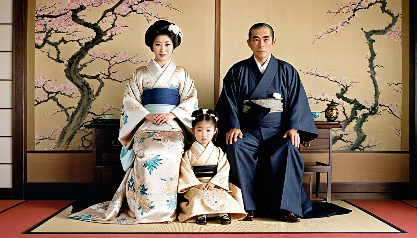 A scene depicting a wealthy Japanese family from the early 1900s, illustrating the contrast between Miyuki's affluent background and the general population.