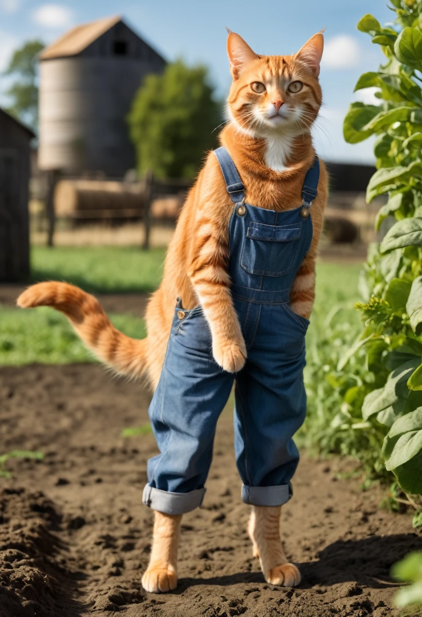tall, orange, tabby, female cat standing on a farm, dressed in overalls
